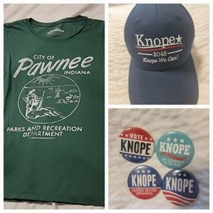 Parks and Recreation City of Pawnee Indiana shirt, Knope baseball hat & buttons